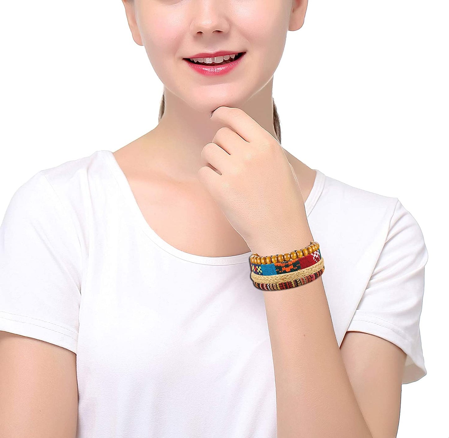 32 Pcs Braided Leather Wooden Beads Tribal Wristbands Cuff Punk Multilayered Bracelet