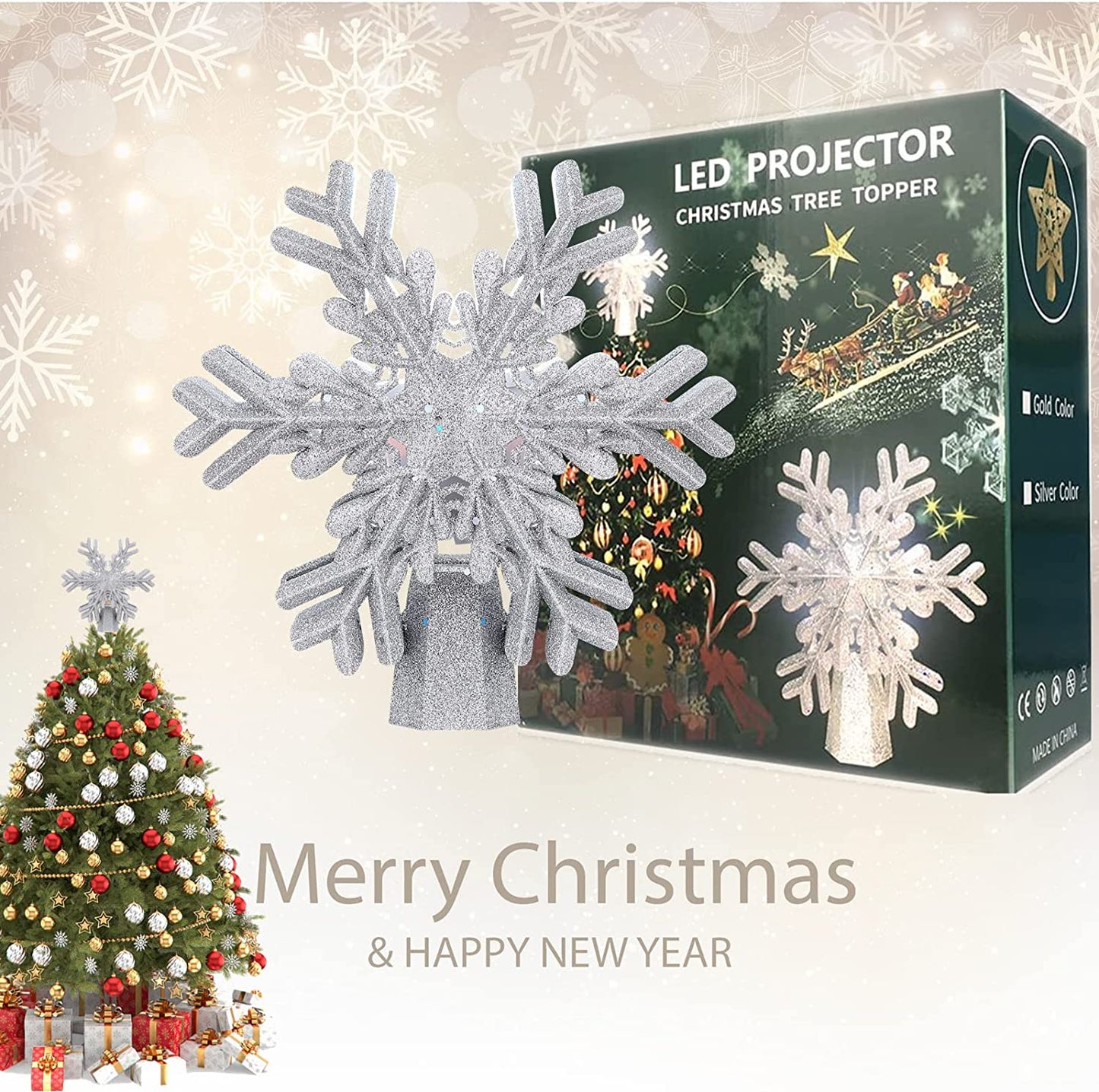 9.6” Christmas Tree Toppers w/ Rotating 3D Silver Snowflake