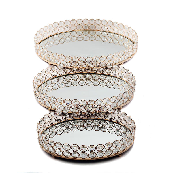 Gold Metal Crystal Beaded Decorative Serving Tray- Oval