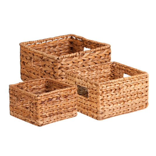 Three Water Hyacinth Woven Nesting Storage Baskets w/ Handles