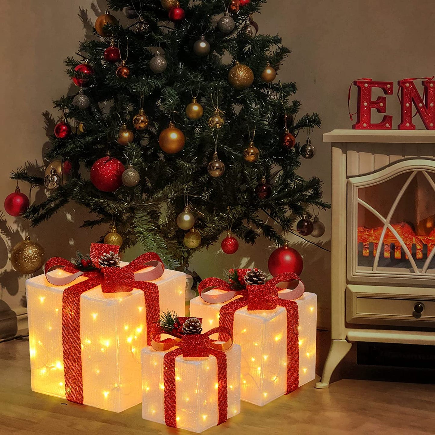 Set of 3 White Christmas Lighted Gift Boxes with Bow and Pinecones