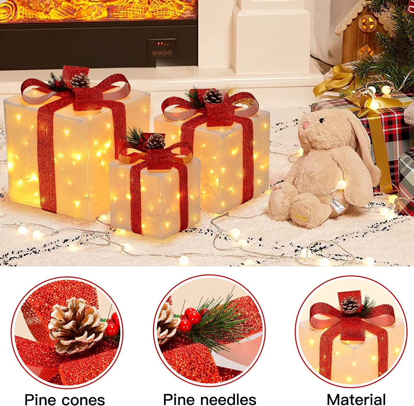 Set of 3 White Christmas Lighted Gift Boxes with Bow and Pinecones