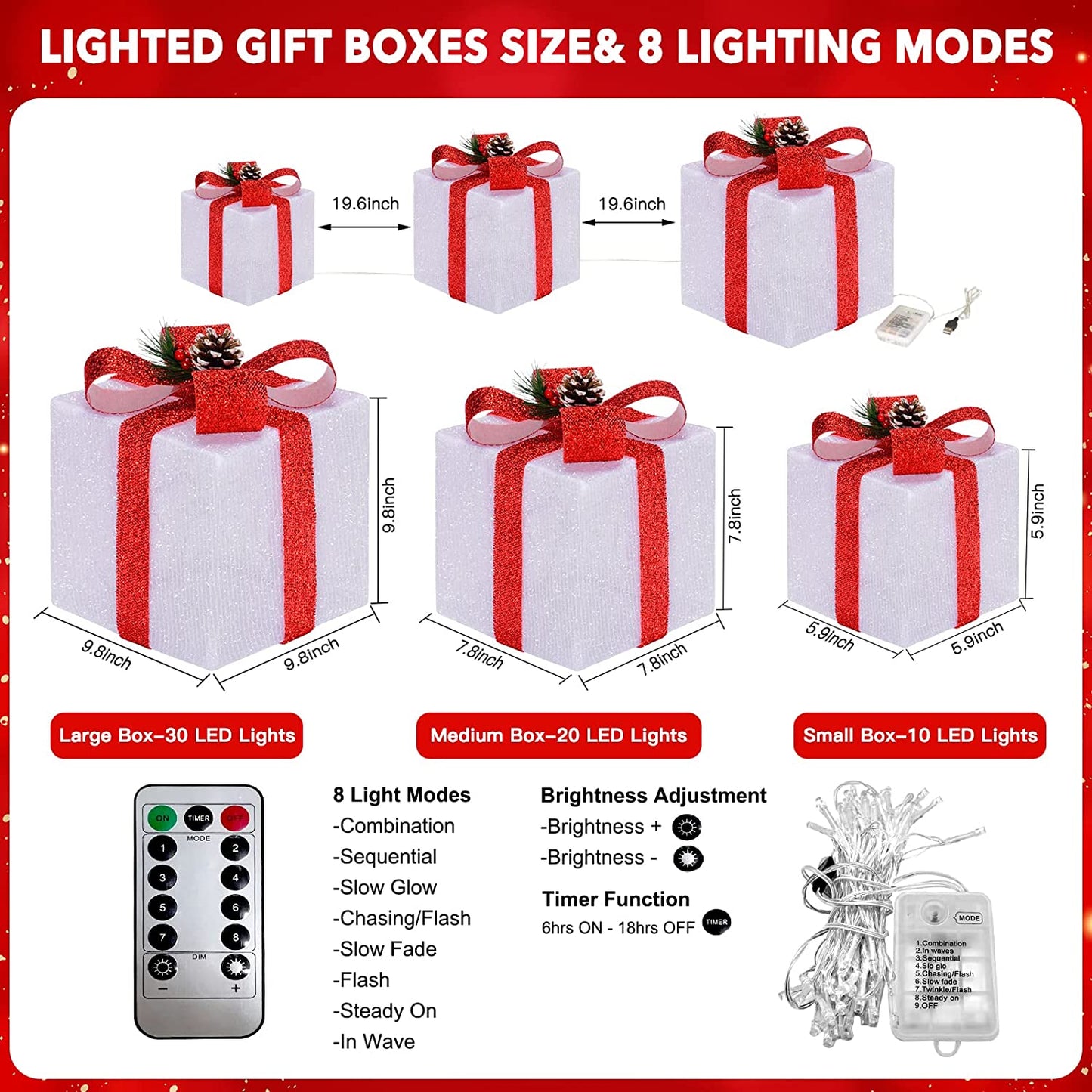 Set of 3 White Christmas Lighted Gift Boxes with Bow and Pinecones