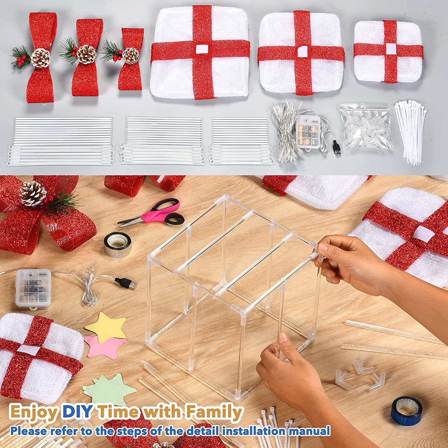 Set of 3 White Christmas Lighted Gift Boxes with Bow and Pinecones