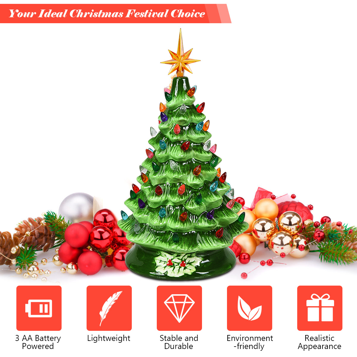 15''Pre-lit Hand-Painted Ceramic Tabletop Christmas Tree