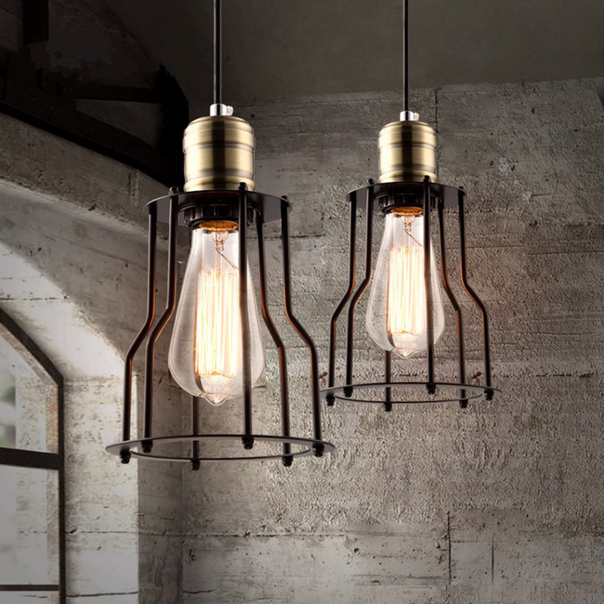 Industrial 3-Light Pendant Light w/ Metal Cage Shade, Black