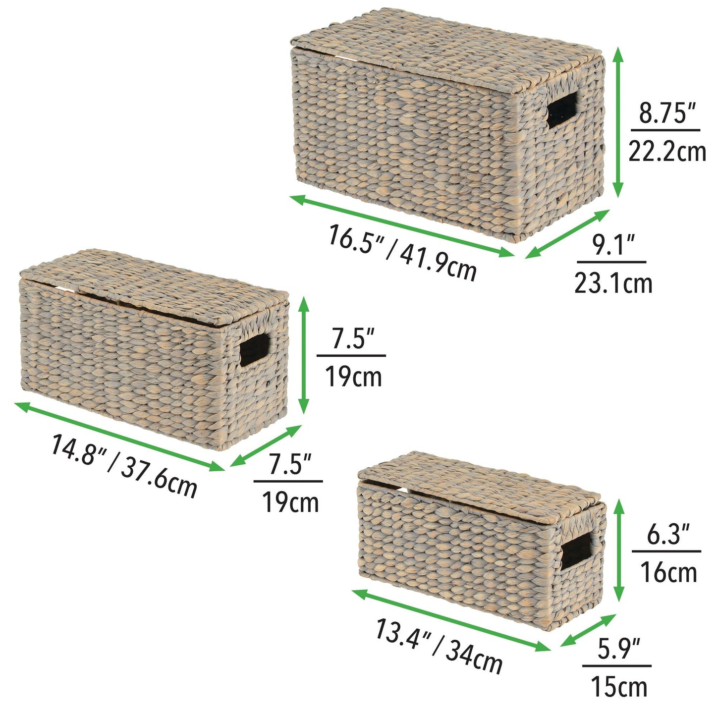 3 Natural Woven Water Hyacinth Organizer Basket Bin w/ Removable Lids