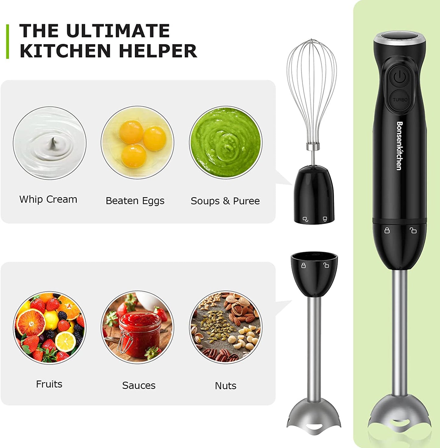 3 in 1 Kitchen Immersion Blender Handheld, 12-Speed & Turbo Hand Blender Electric w/ Sharp Blades w/ Egg Whisk, 24oz Beaker