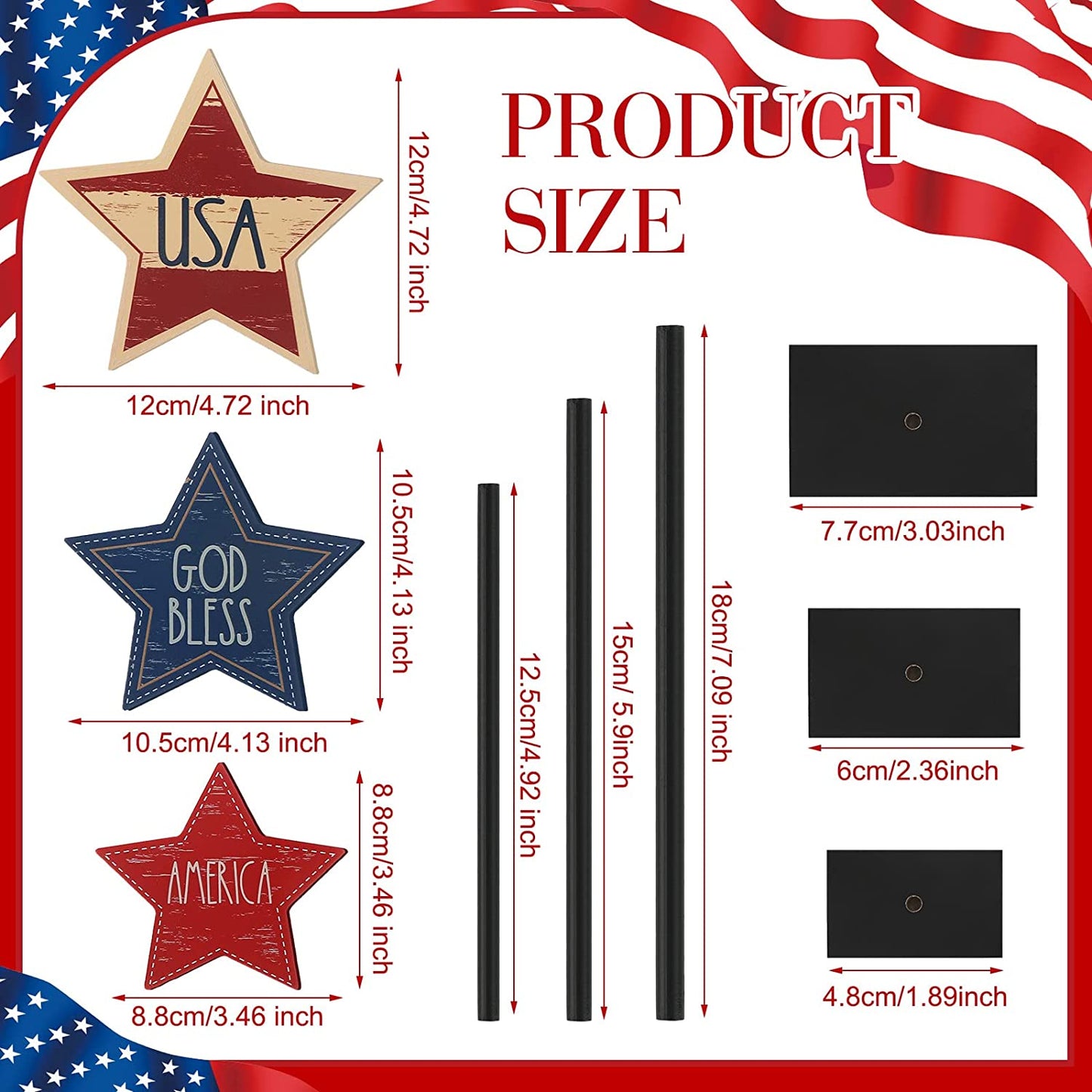 3 Pieces 4th of July Patriotic Decorations Wood Star Decoration (Classic Style)