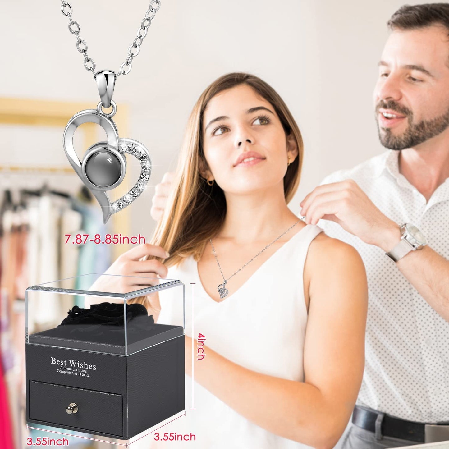 Preserved Real Rose Flower Mothers Day Gifts w/ I Love You 100 Languages Heart Necklace-Red