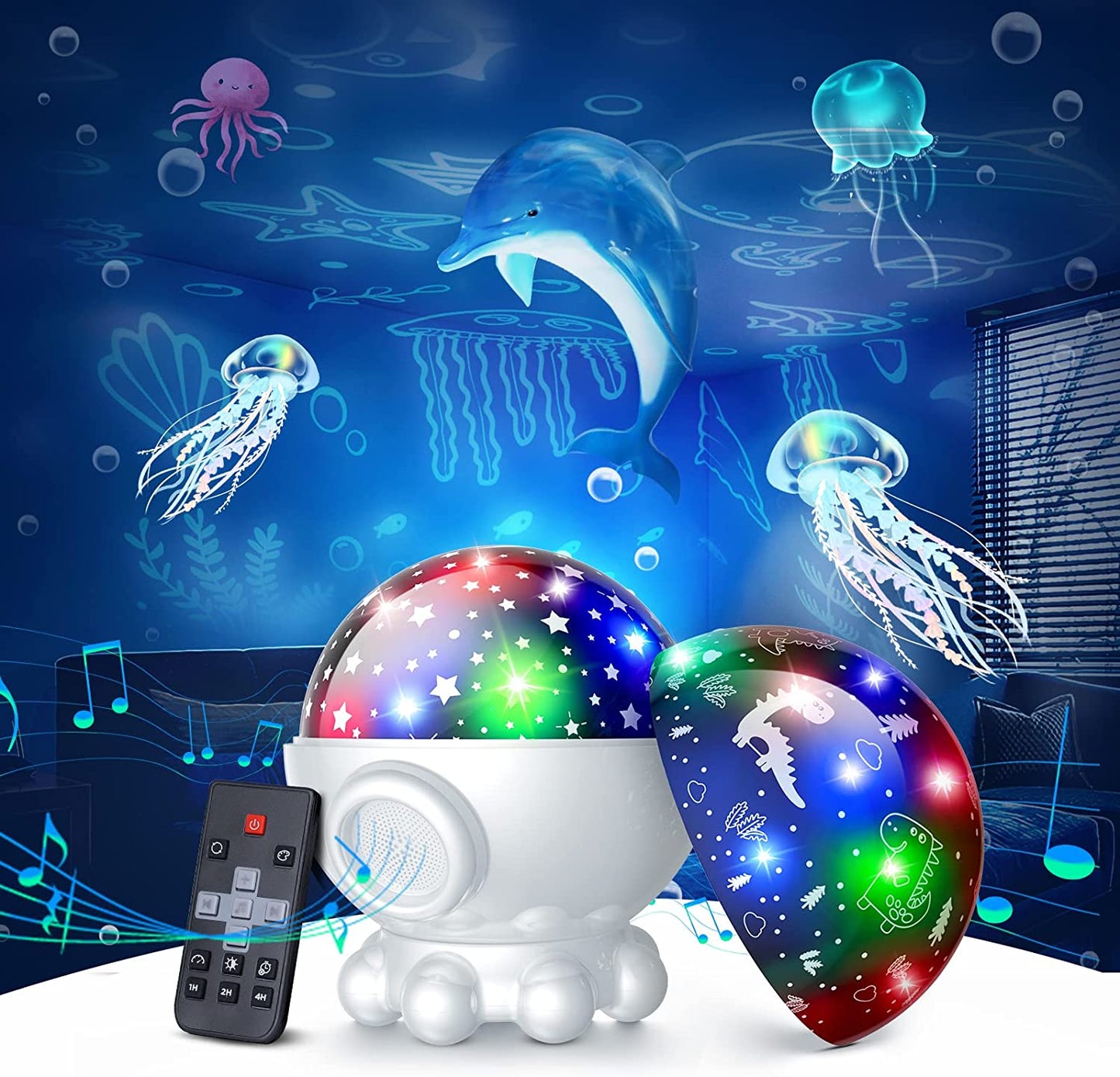 White Night Light Projector,Ocean Star Night Light for Kids Room,Dinosaur Toys with 360° Rotation,Remote and Timer