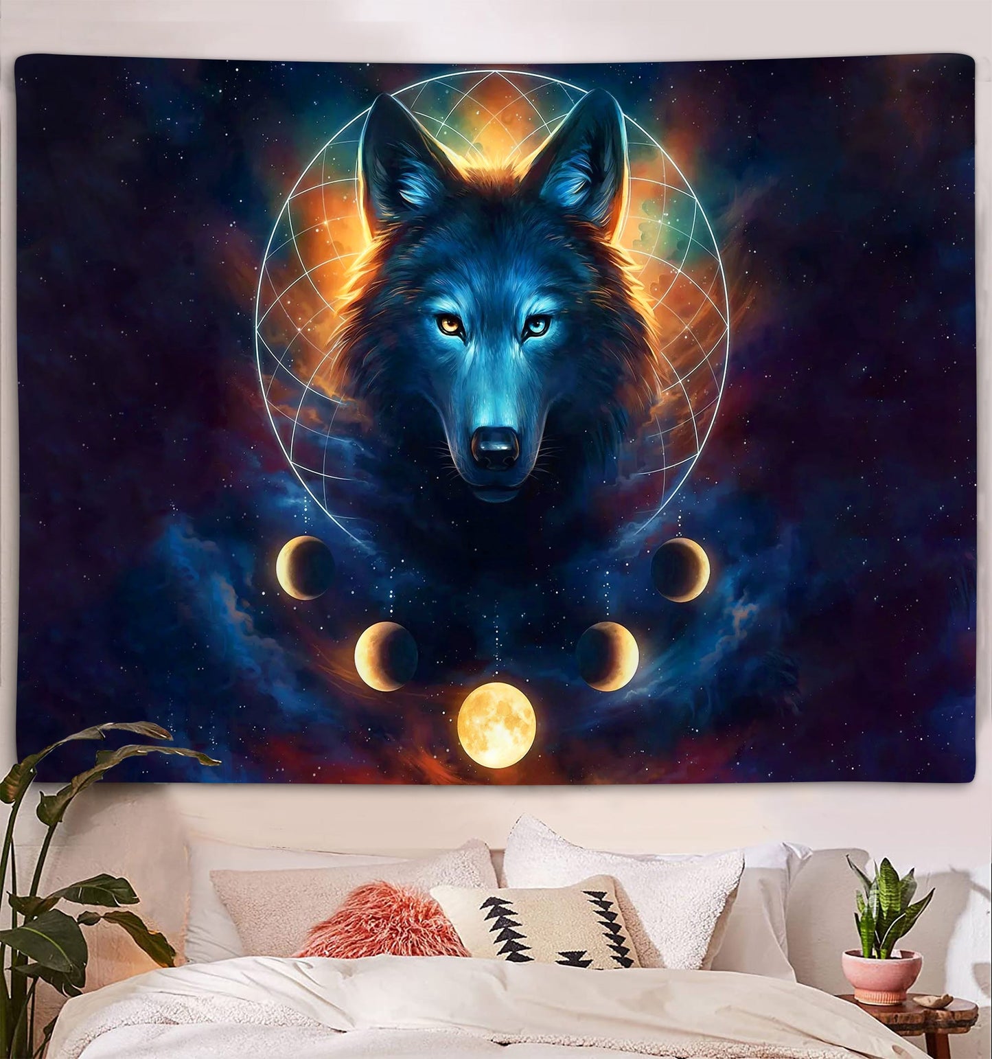 Fantasy Wolf Moon Phase Dreamcatcher Galaxy Tapestry 60X40 Inches