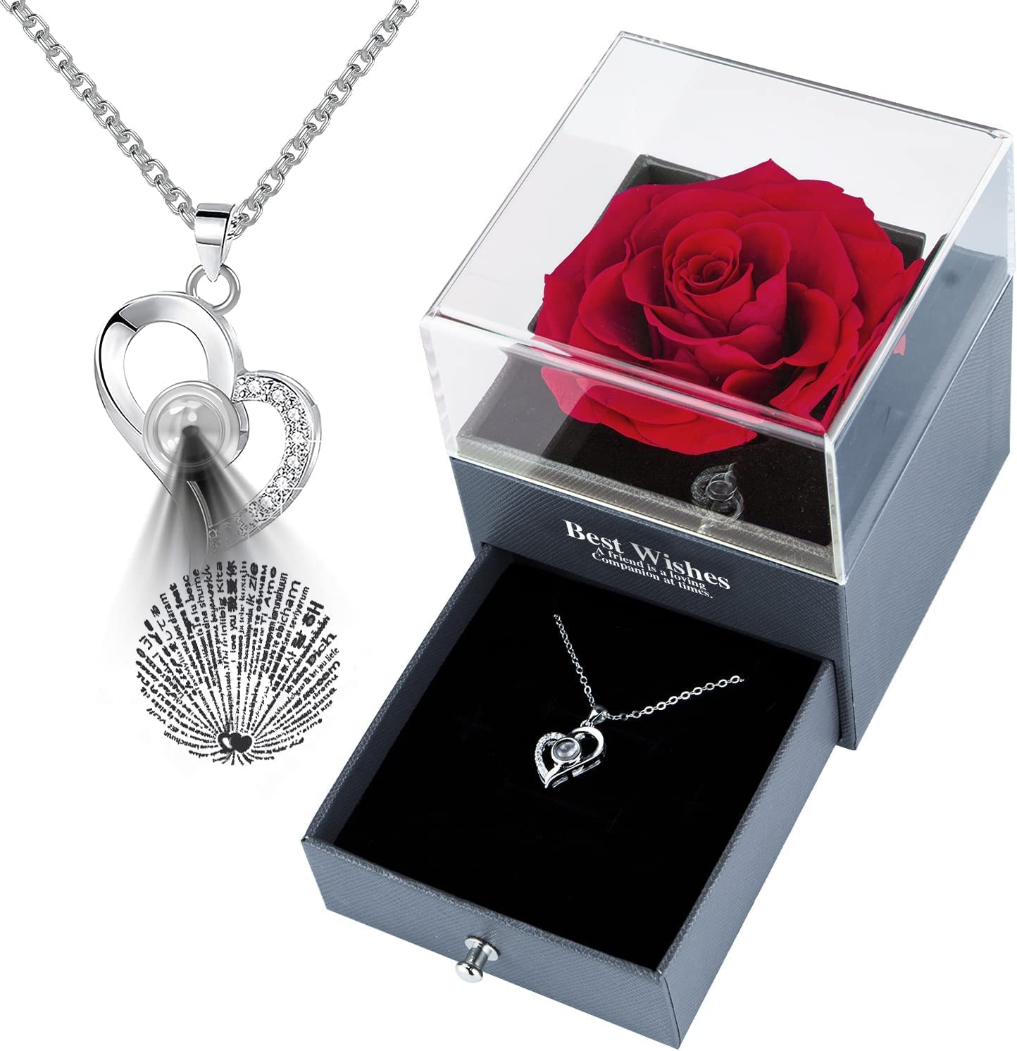 Preserved Real Rose Flower Mothers Day Gifts w/ I Love You 100 Languages Heart Necklace-Red