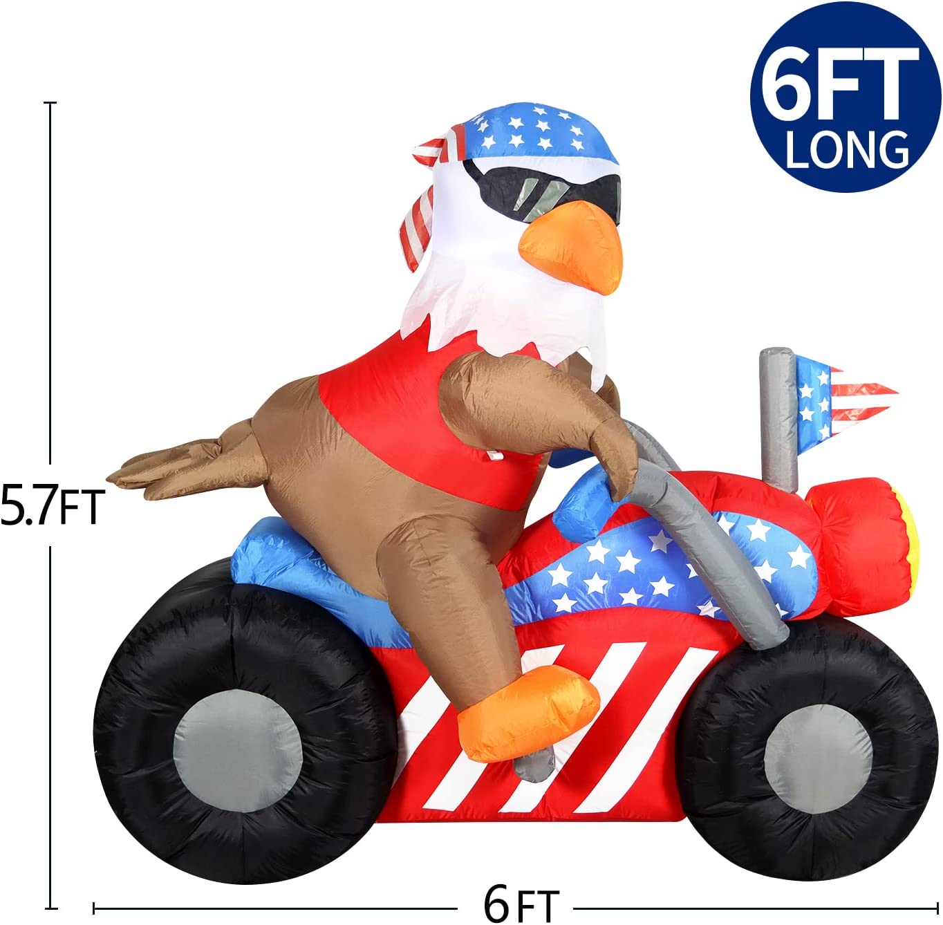6 FT Long Patriotic Independence Day 4th of July Inflatable Bald Eagle Sitting on Motorcycle w/ LEDs