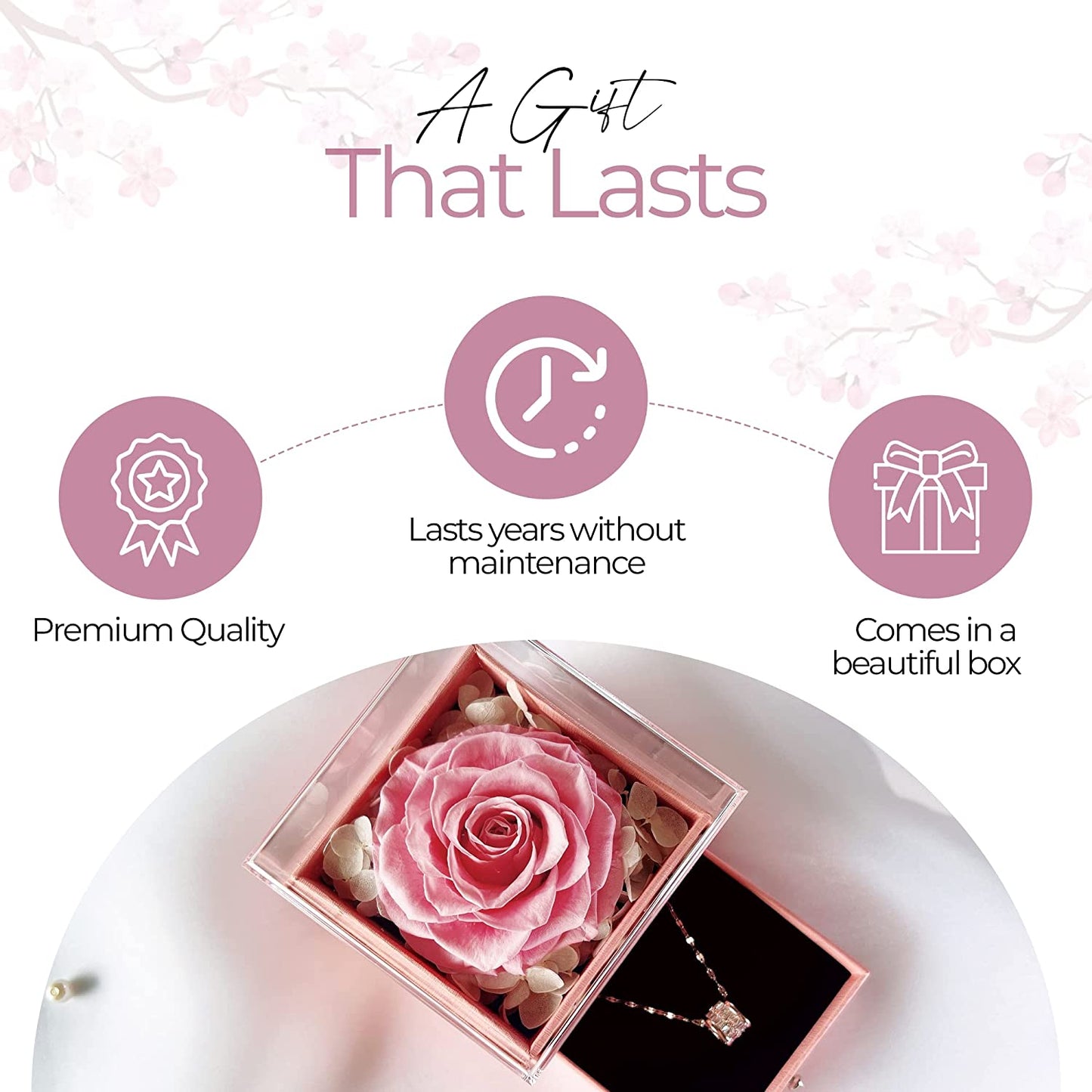 Preserved Rose Box w/ Necklace | Flowers | Gifts for Women, Mom, Eternity Band