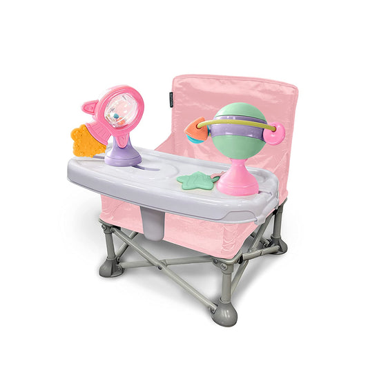 (Pink) Baby Pop Up Chair for Meals and Playtime with Removable Tray and Toys, Portable Booster Folds for Travel