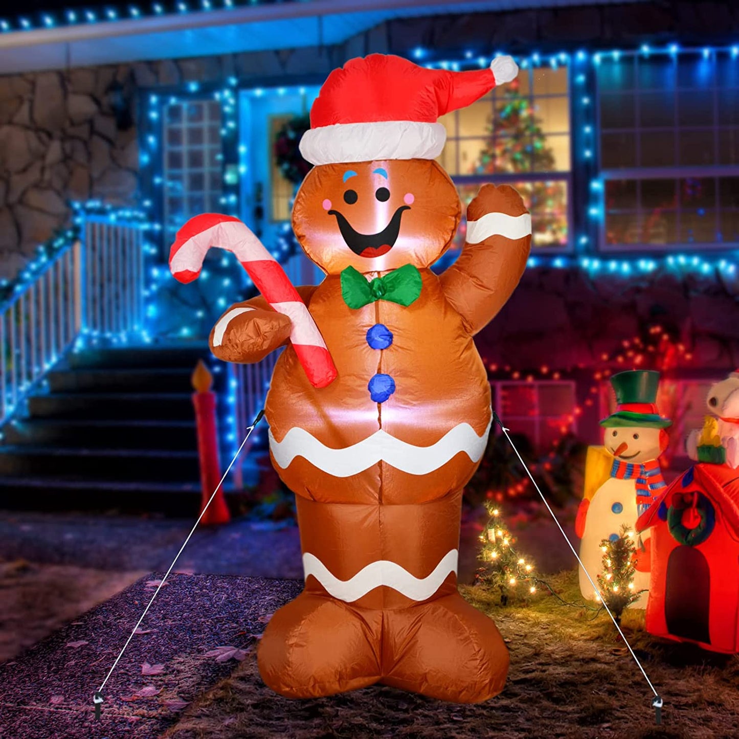 5ft Inflatable LED Lighted Gingerbread Man with Candy Cane Blow up Outdoor Yard Decoration