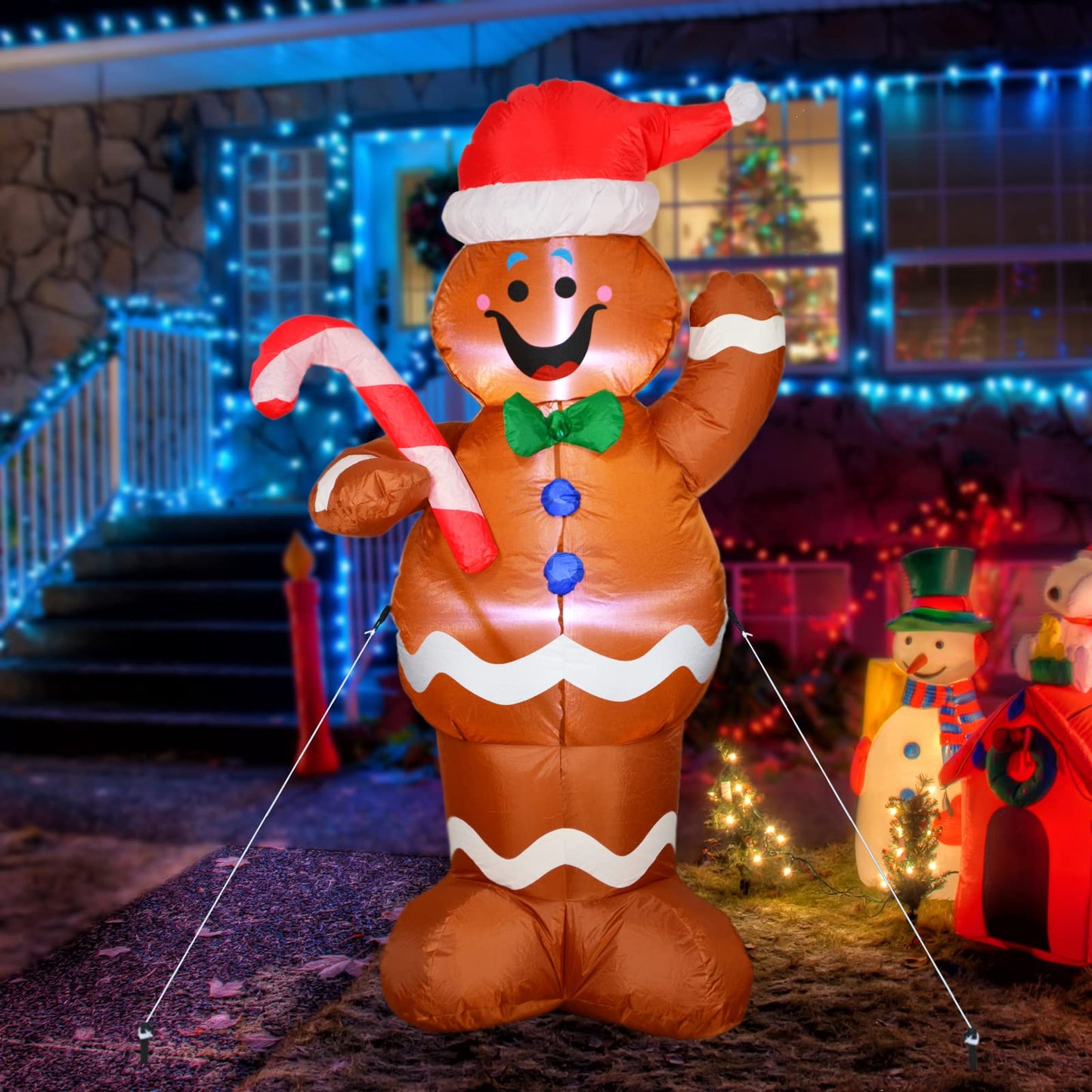 5ft Inflatable LED Lighted Gingerbread Man with Candy Cane Blow up Outdoor Yard Decoration