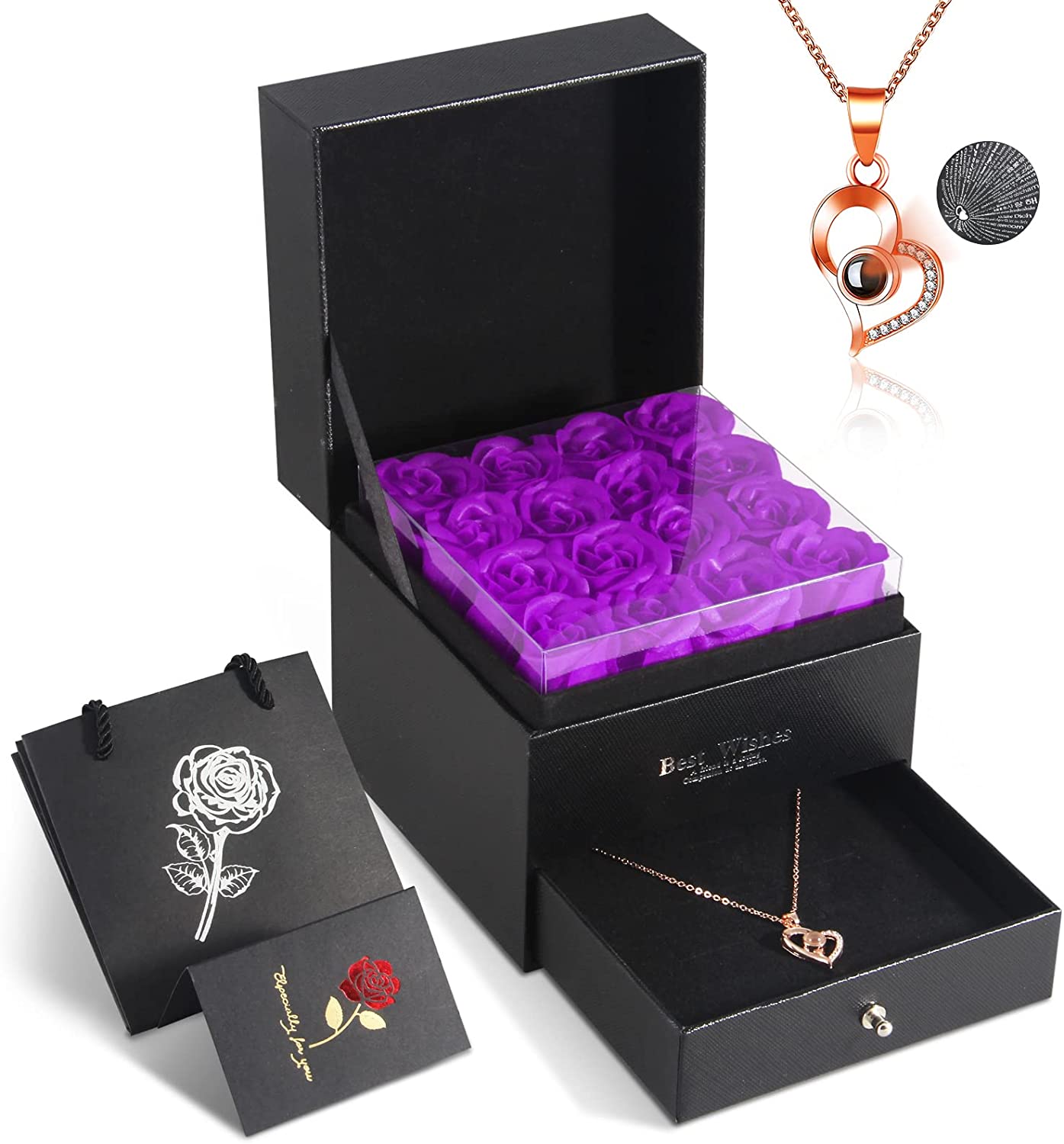 Eternal Preserved Rose, Handmade Soap Rose Flowers Box w/ Love You Necklace 100 Languages