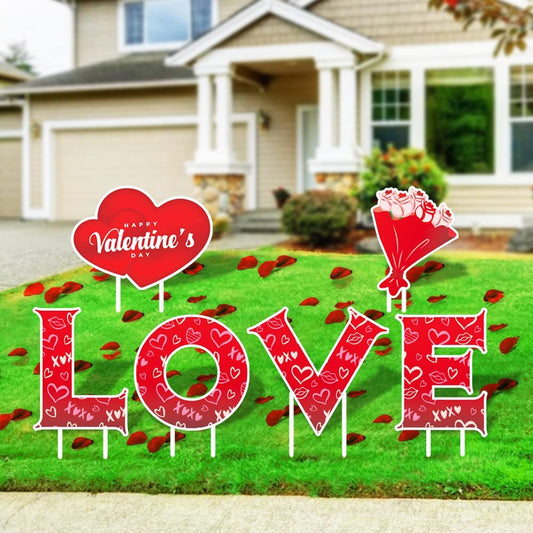 Valentine's Day Decor Yard Signs w/ Stakes-6PCS Large Corrugate Heart Flower Love Letter