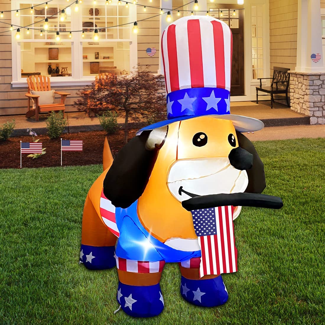 Independence Day July 4th Inflatable 4FT Dog w/ American Flag & LEDs
