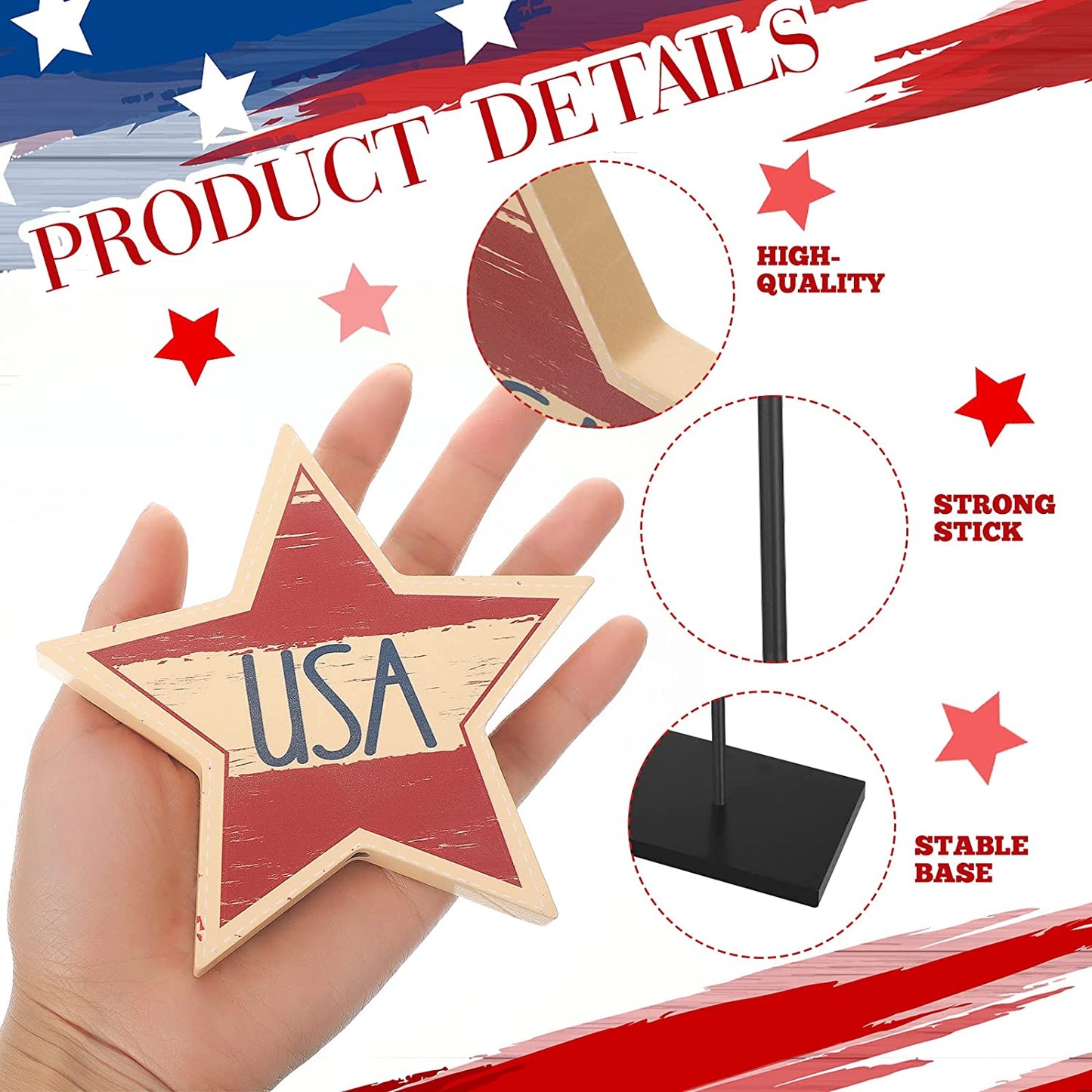 3 Pieces 4th of July Patriotic Decorations Wood Star Decoration (Classic Style)
