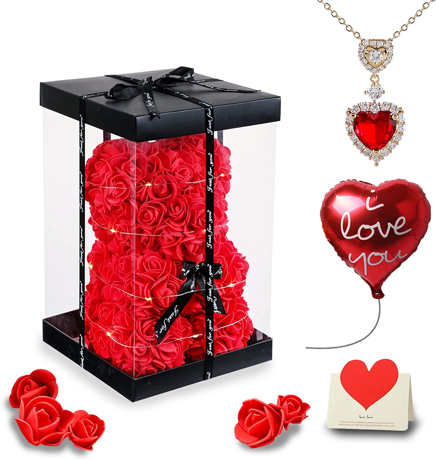 Red Rose Bear Valentines Day Gifts w/ Box Lights Necklace Balloon Card