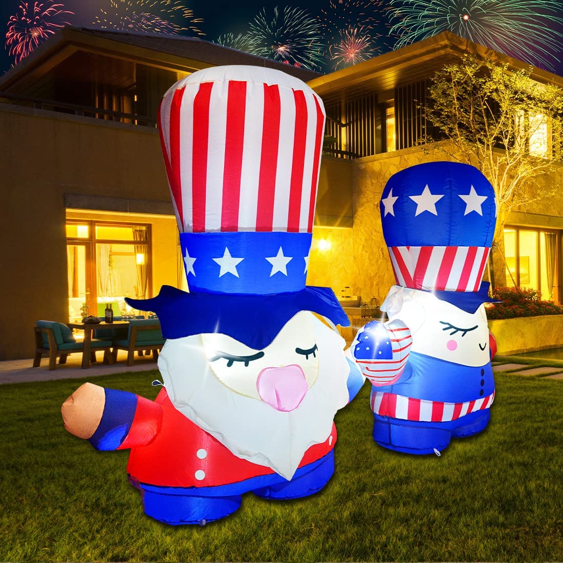 Independence Day July 4th Inflatable 7.2FT Long Gnome Couple w/ Built-in LEDs
