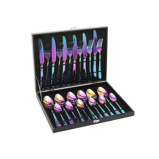 Lightahead 24pcs Rainbow colored Iridescent Stainless Steel Flatware Tableware Cutlery Set in attractive Black Gift Box (Multicolored) 24 Rainbow Colored