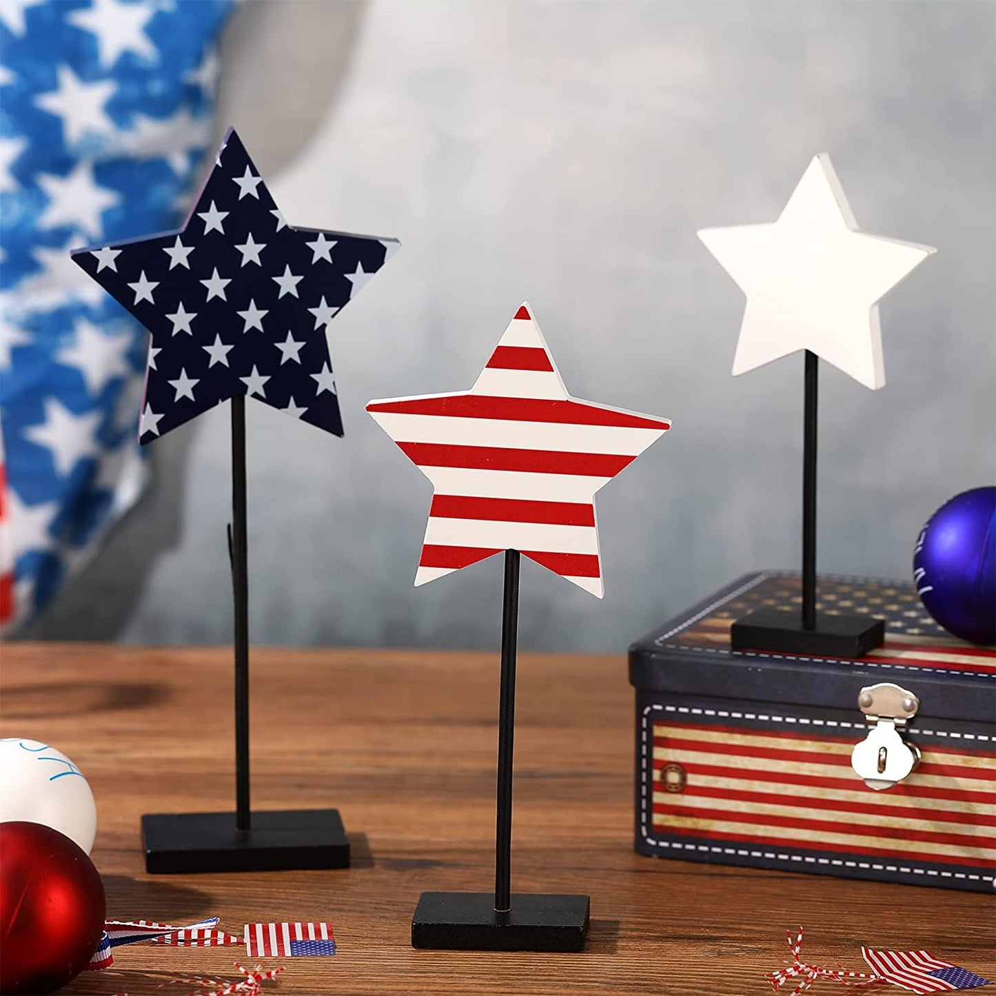 3 Pieces 4th of July Patriotic Decorations Wood Star  (Flag Style)