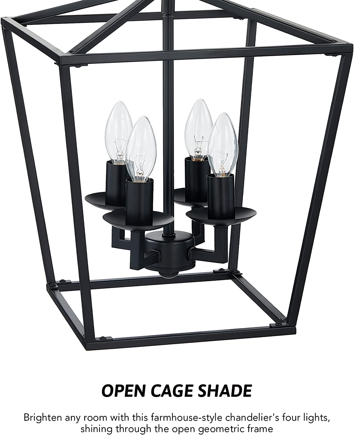 4-Light Farmhouse Lantern Chandelier Light Fixture Black, Rustic Pendant Light Fixture Adjustable Chain