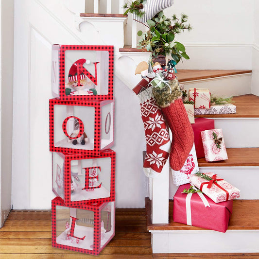Christmas Decorations Red & Black Buffalo Plaid Transparent Noel Box Blocks Home Decor