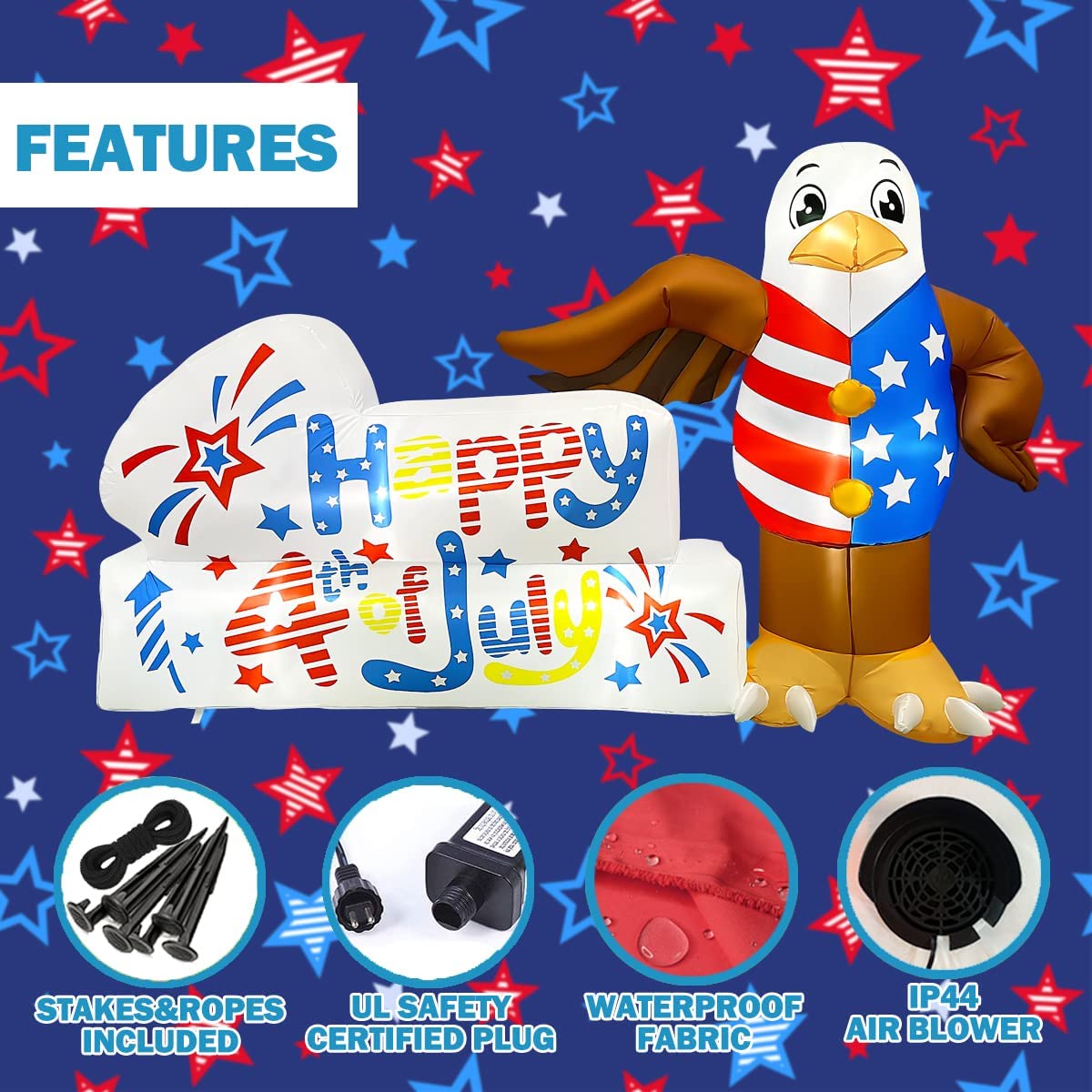 8FT Length Inflatable 4th of July Patriotic Eagle w/ LEDs