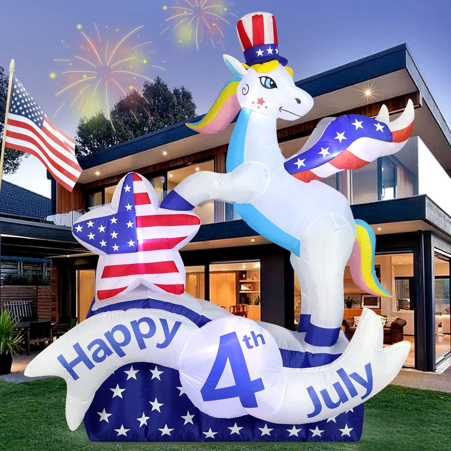 6 FT Tall Patriotic Independence Day 4th of July Inflatable Stars & stripes Unicorn Star w/ LEDS