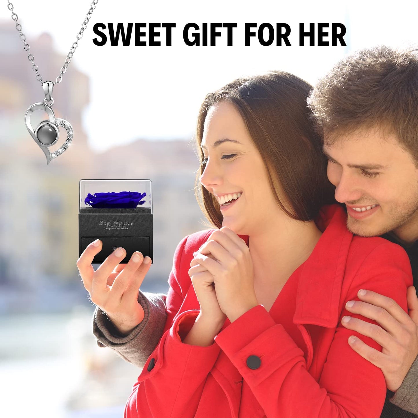 Preserved Real Rose Flower Rose Gifts w/ I Love You 100 Languages Heart Necklace-Blue