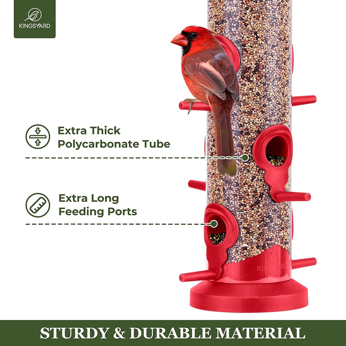 2 Pack Tube Bird Feeders Hanging, Premium Hard Plastic w/ 6 Feeding Ports, Weatherproof & Steel Hanger, (Red)