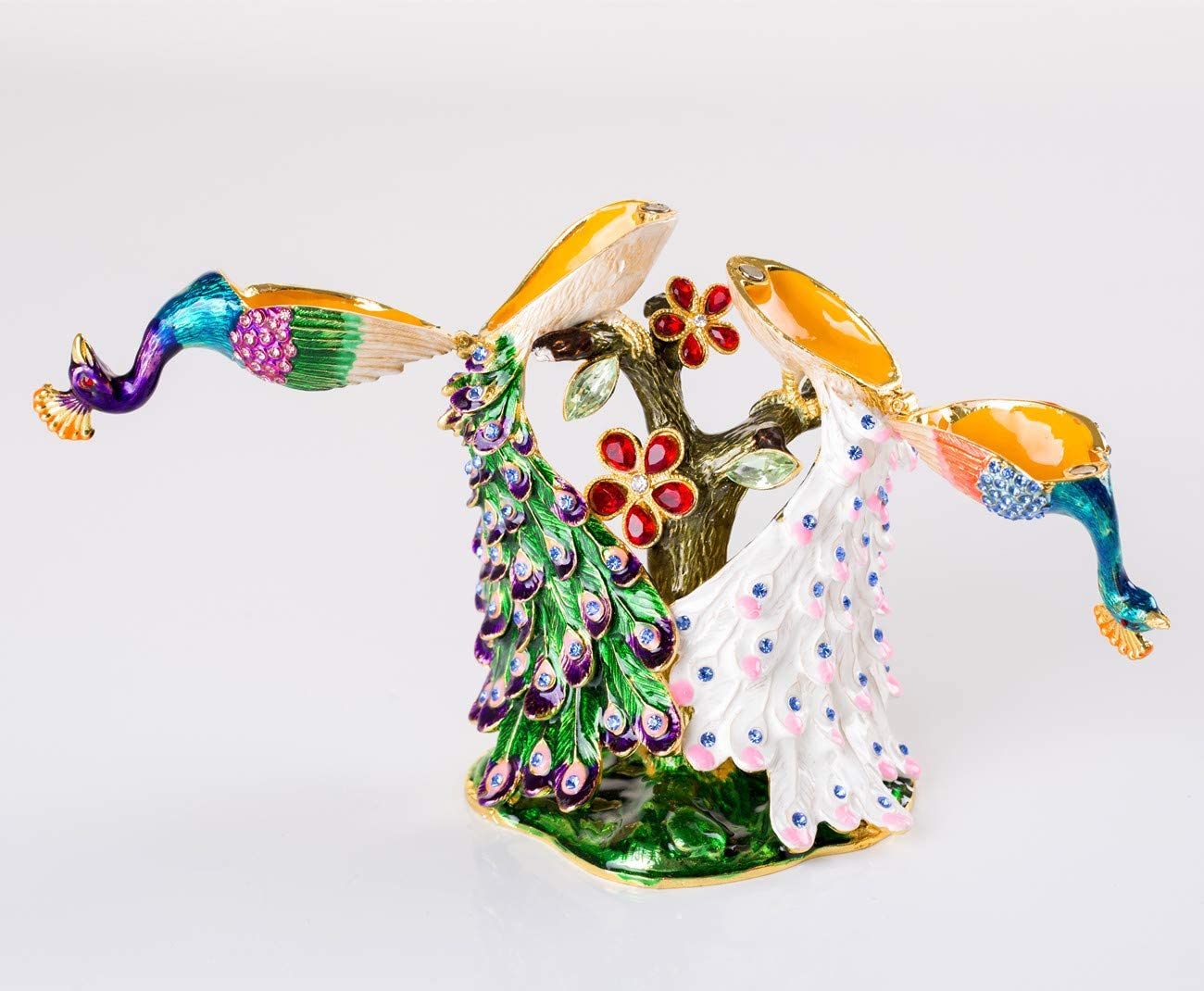 Hand Painted Pair of Peacocks Figurine Enamel Hinged Jewelry Trinket Box
