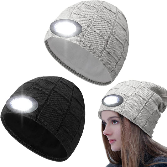 2 Pieces Beanie w/ LED Light USB Rechargeable Beanie Light Unisex Headlamp Winter Hat