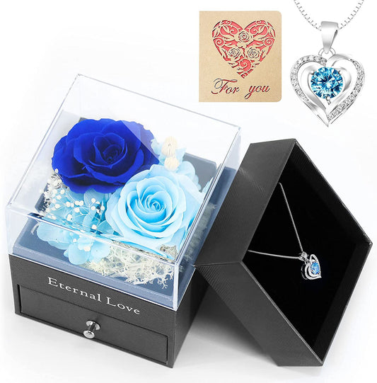Valentines Day Gifts, Preserved Real Rose w/ 14K Gold Plated Necklace Card Romantic (Blue)