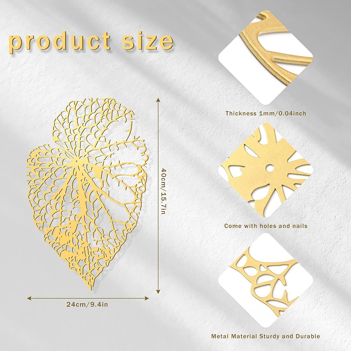 3 Pieces Metal Leaves Wall Decorartion Metal 15.7" x 9.4" (Gold)