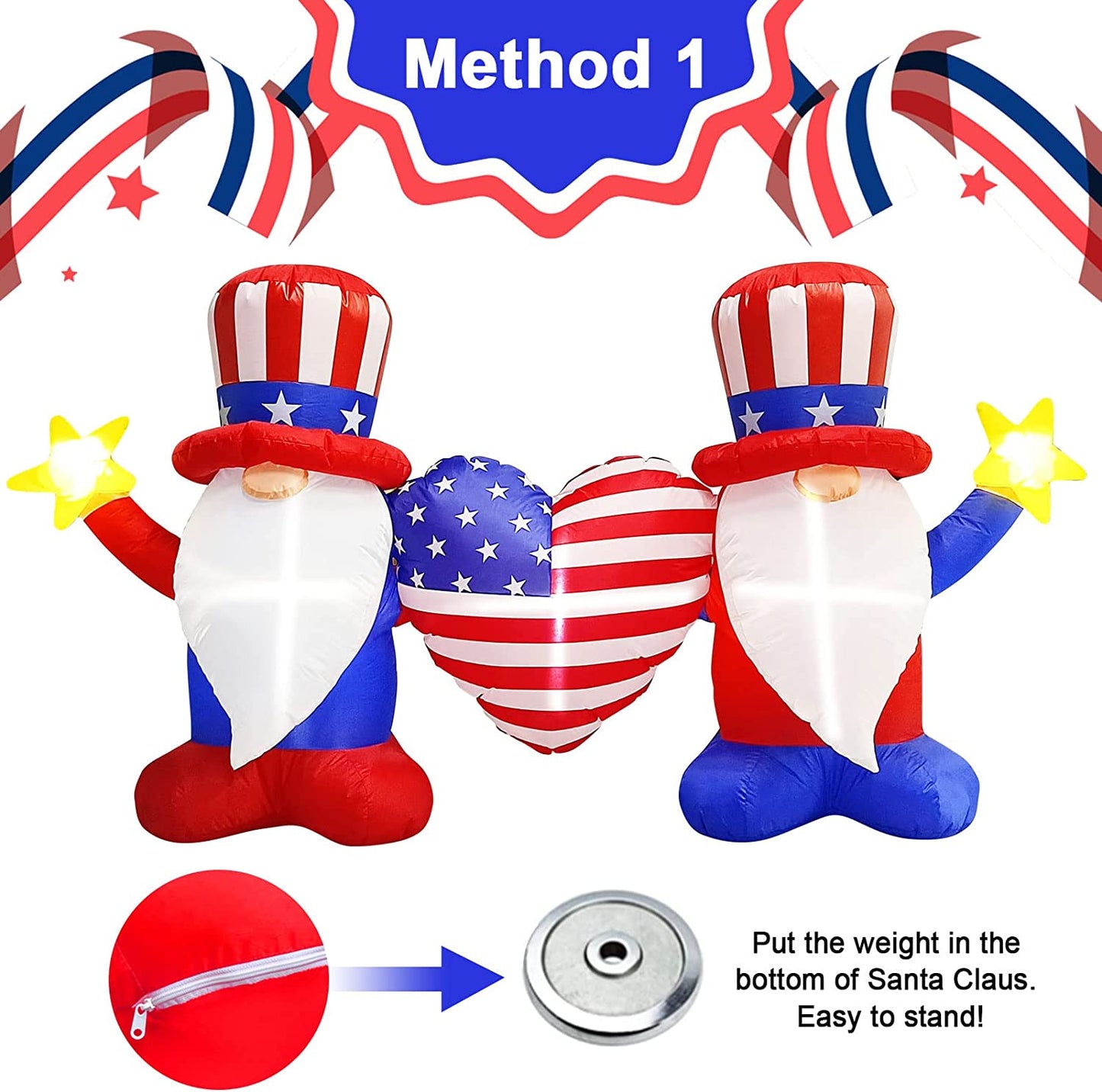 7ft Length Patriotic Independence Day Inflatable,4ft Blow Up Gnome w/ LEDs