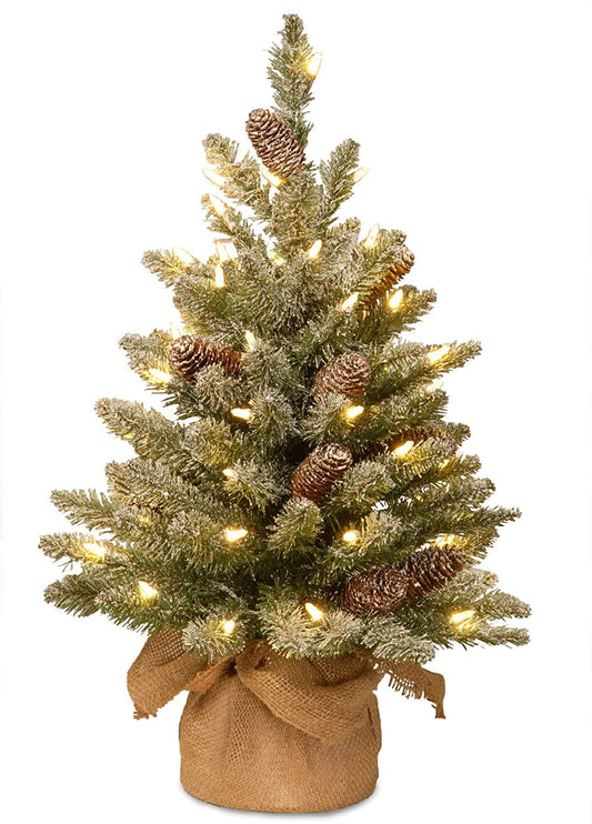 Pre-lit Artificial Mini Christmas Tree Includes Small White LED Lights, and Cloth Bag Base