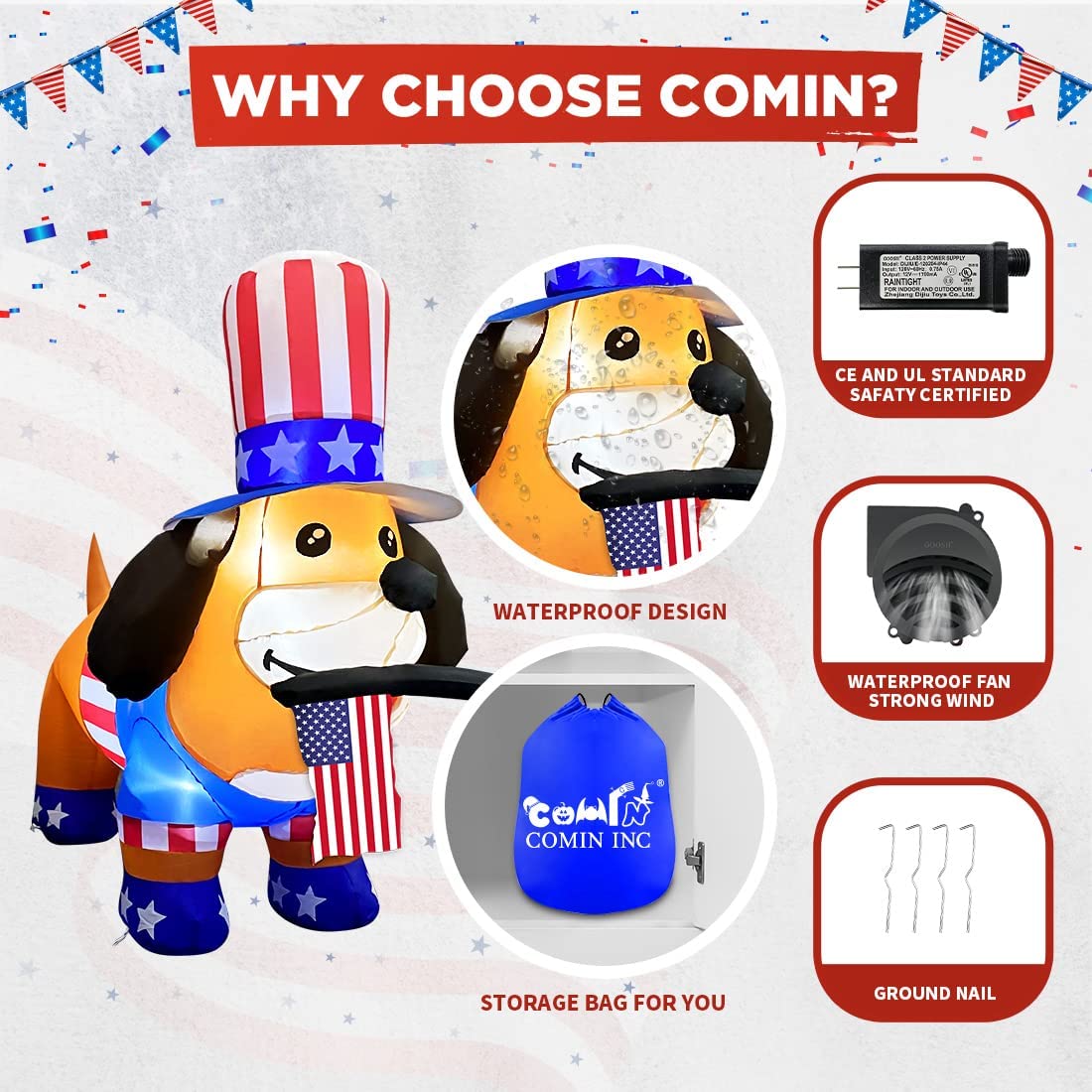 Independence Day July 4th Inflatable 4FT Dog w/ American Flag & LEDs