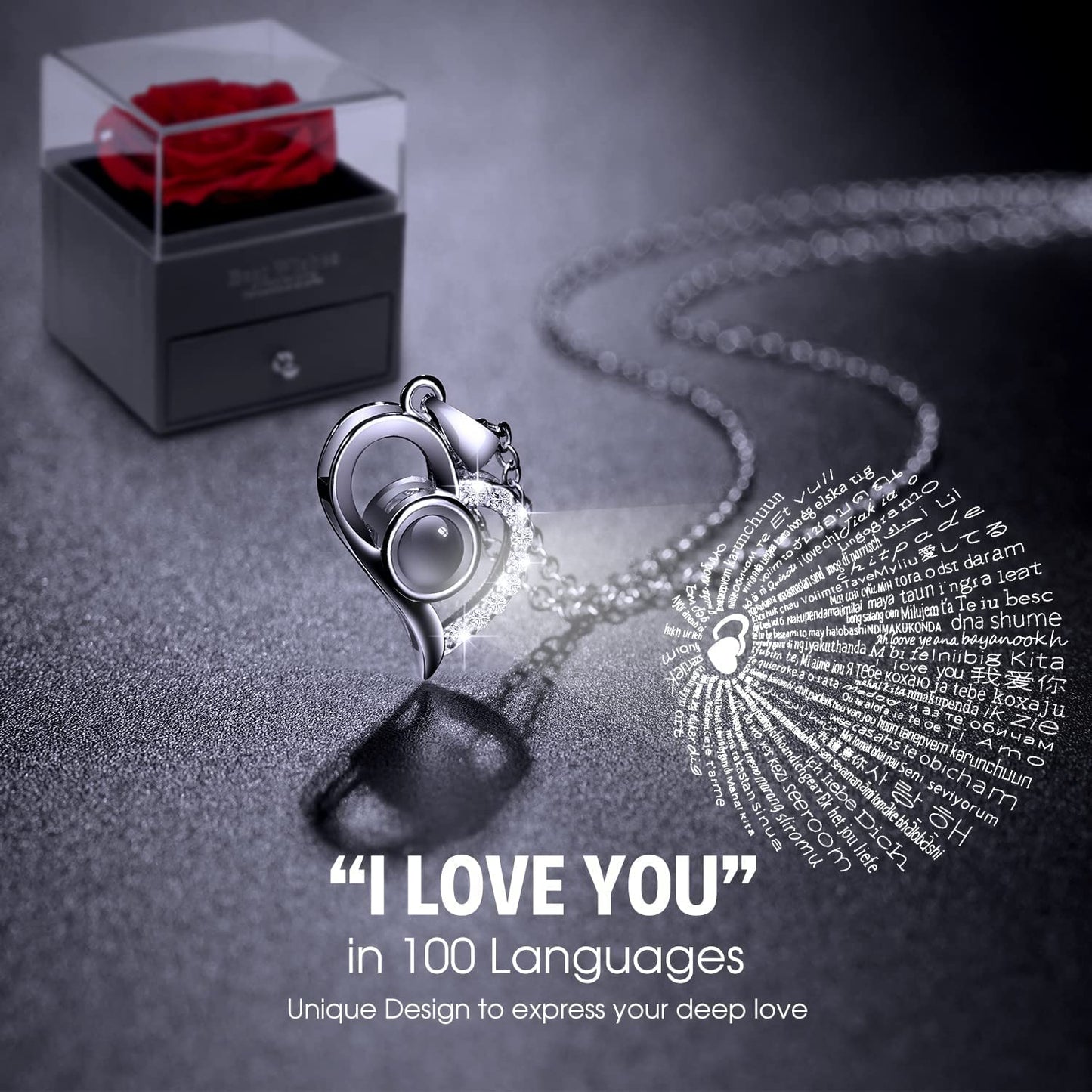 Preserved Real Rose Flower Mothers Day Gifts w/ I Love You 100 Languages Heart Necklace-Red