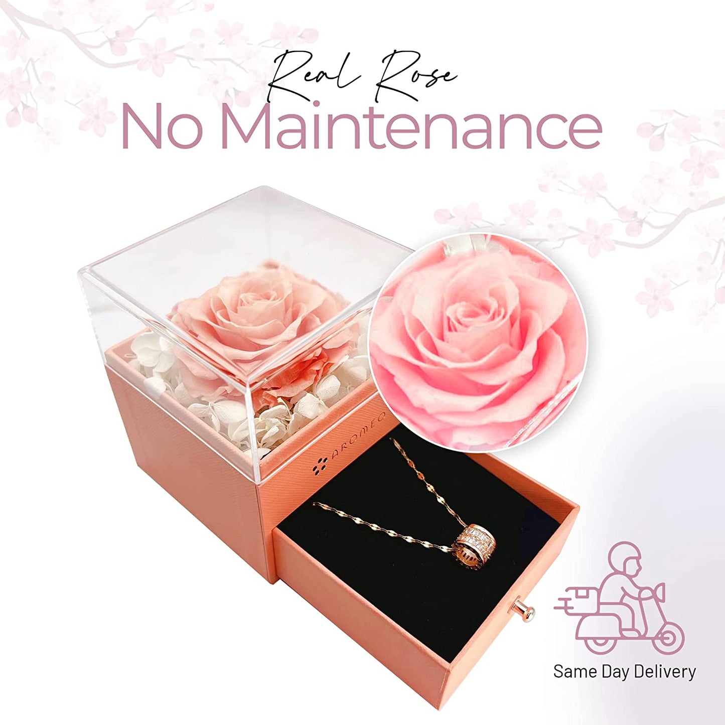 Preserved Rose Box w/ Necklace | Flowers | Gifts for Women, Mom, Eternity Band