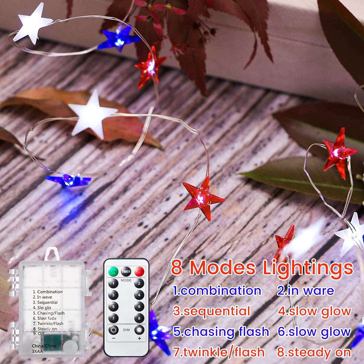 4th of July Decorations Red White and Blue Lights Battery Operated String Lights 16FT 50 LED