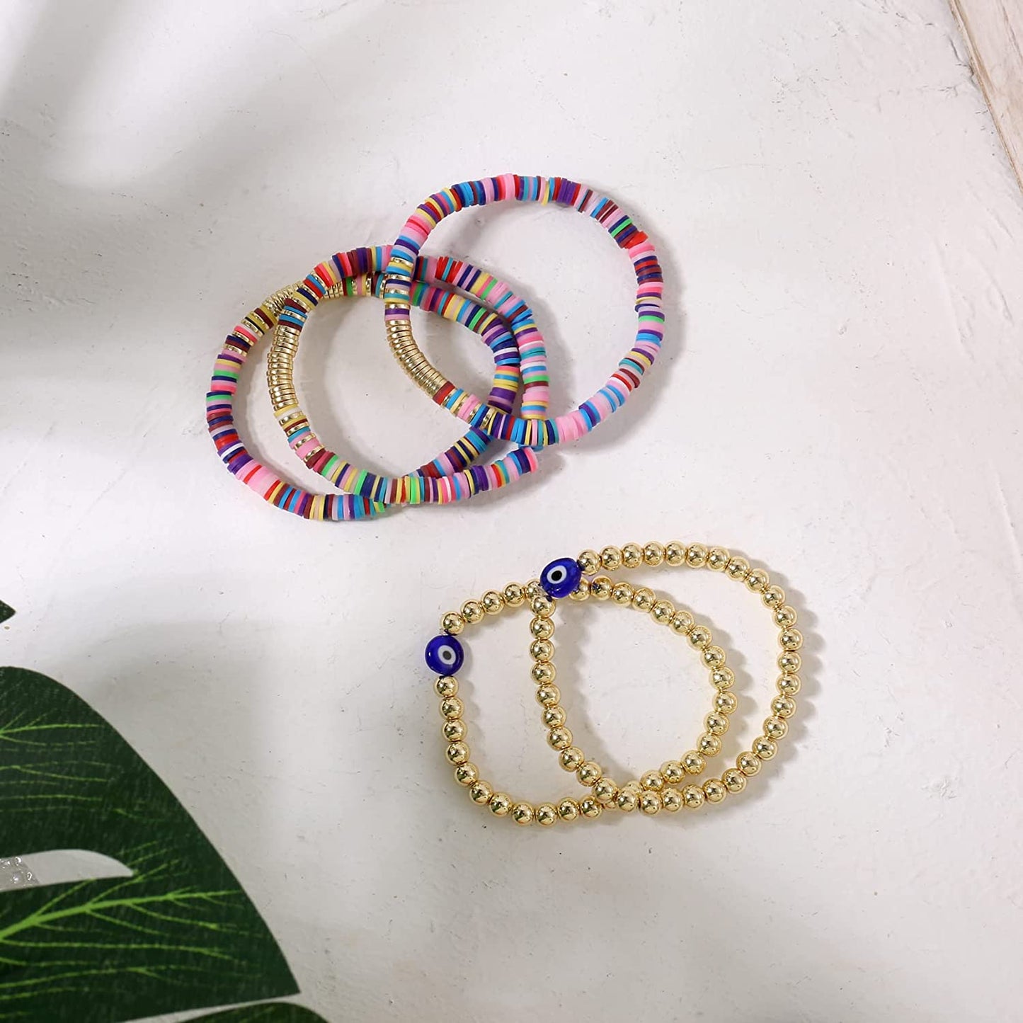 Colorful Beaded Stretch Bracelets Set for Women Smile Blue Evil Eye Polymer Summer Beach Jewelry