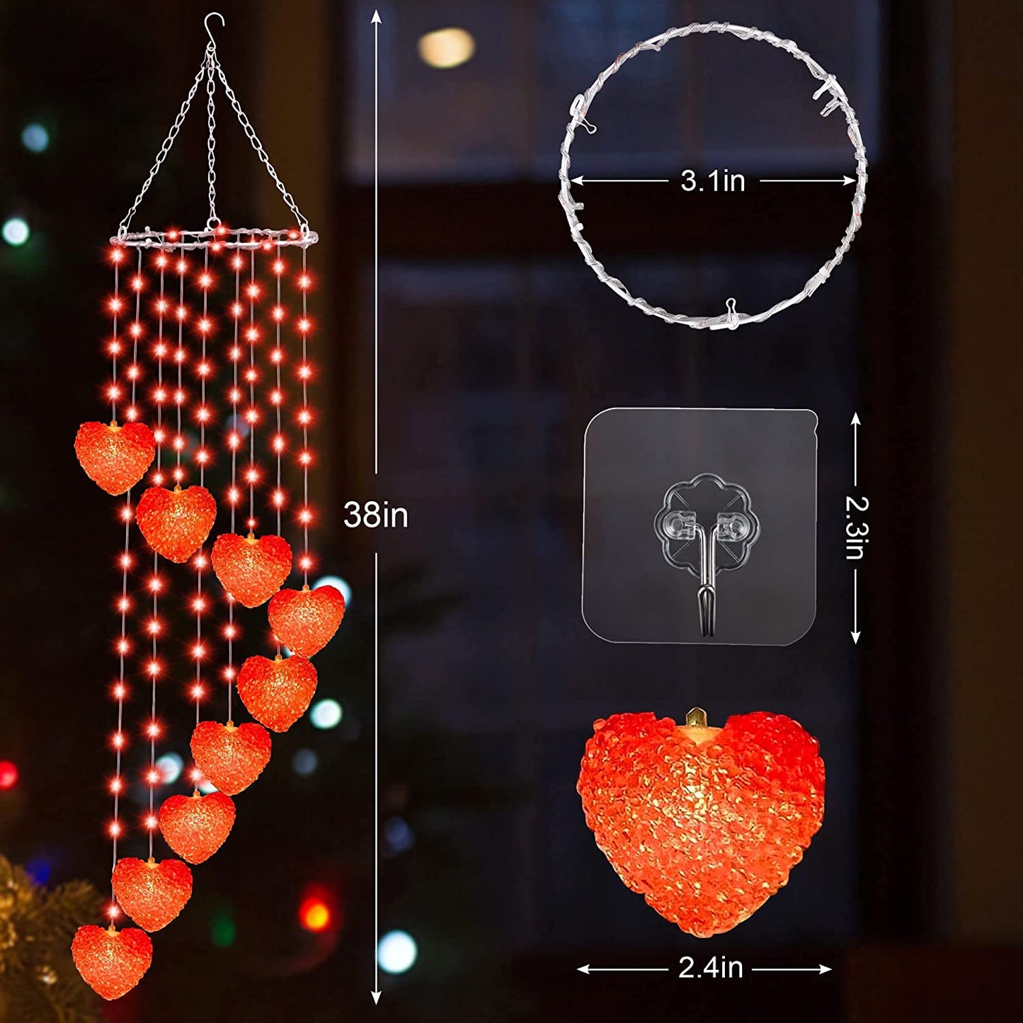 Valentines Day Lights Decor, 38IN 118LED Lighted Wind Chime, USB Powered w/ Red Heart