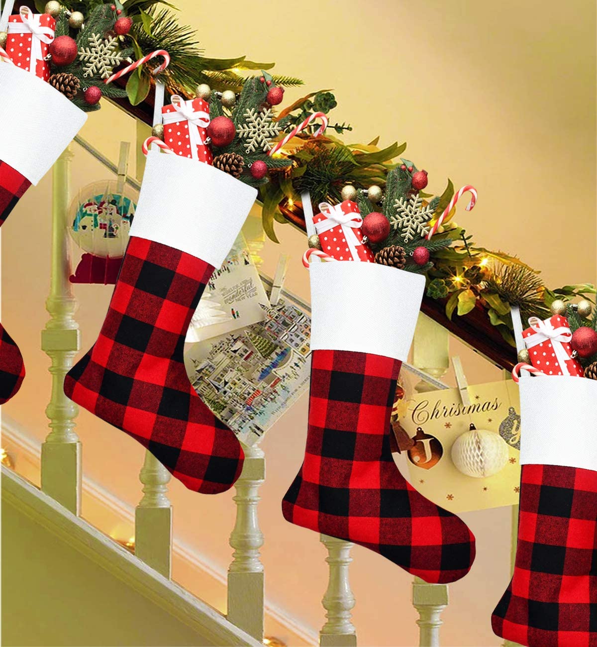 6 Pack Christmas Stockings- 18 Inch Red Black Buffalo Plaid Christmas Stockings