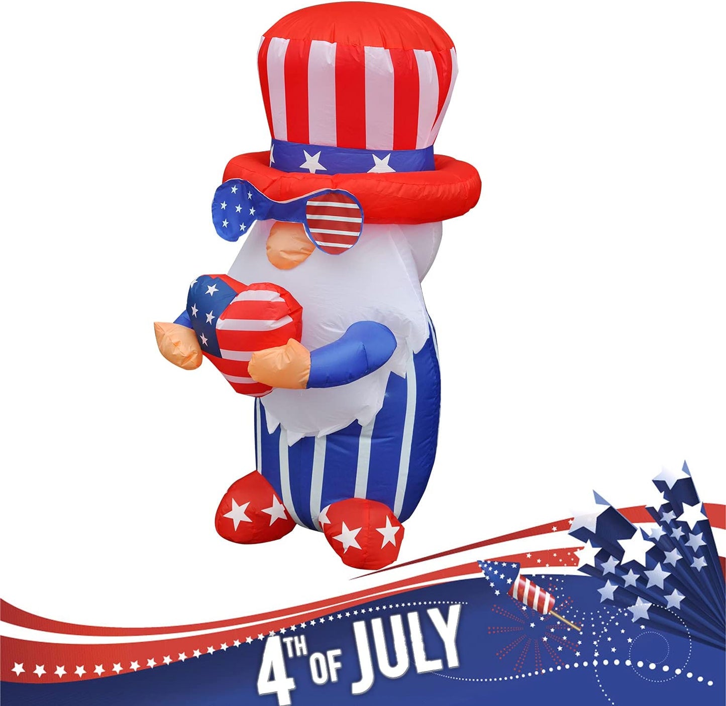4ft Inflatable 4th of July Independent Gnome Holding America Heart & LED Home Decoration